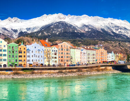 INNSBRUCK, AUSTRIA - March 11, 2017 - City scape in Innsbruck city center. It is capital sity of Tyrol in western Austria, Europe.