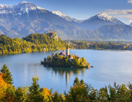 Panoramic view of Lake Bled from Mt. Osojnica, Slovenia